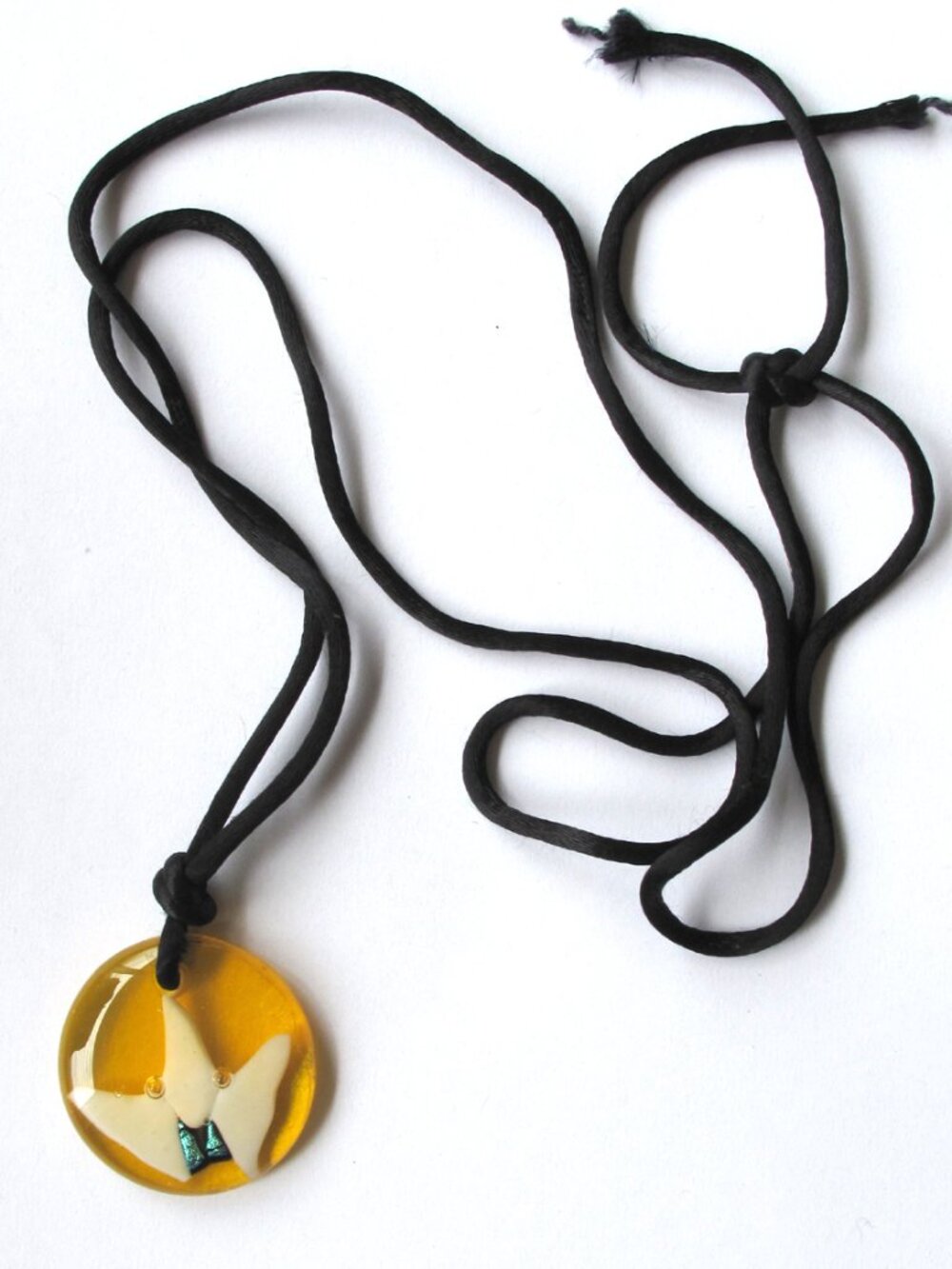 Necklace yellow tones fused glass fabric Black lace (cord) 18" (inches) long